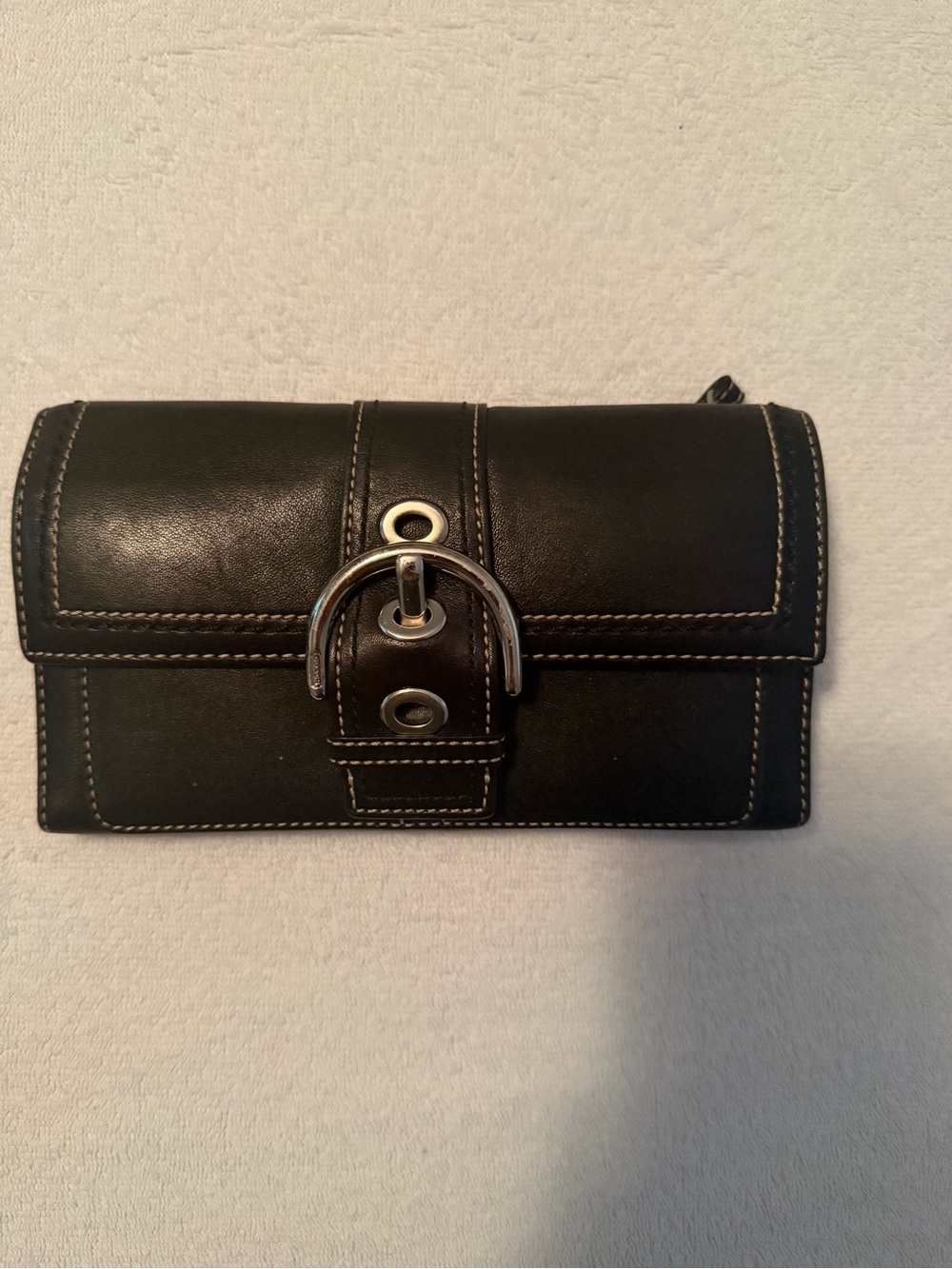 Black Leather Buckle Coach Wallet with Contrast Stitching